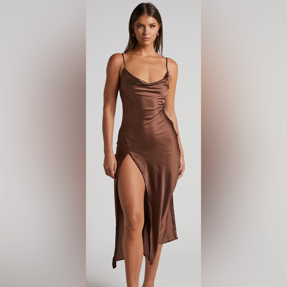 Brown Satin Midi dress with leg slit